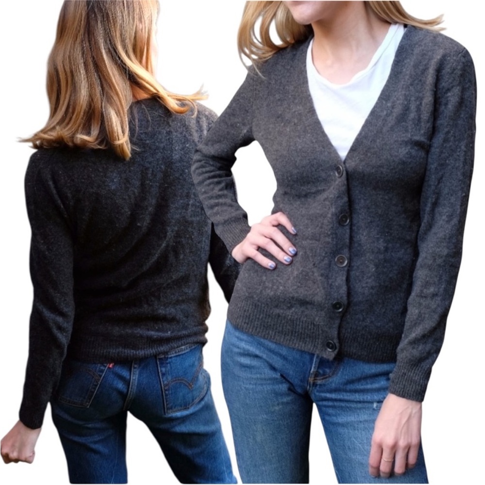 Uniqlo Long Sleeve Dark Grey Knit Button Down V Neck Cardigan Sweater • Sz Small